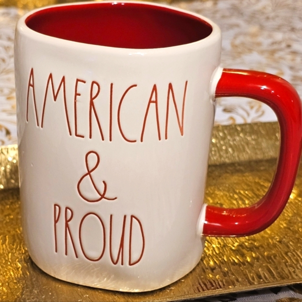 Rae Dunn American and proud coffee mug, 4th of July holiday. Red white and blue